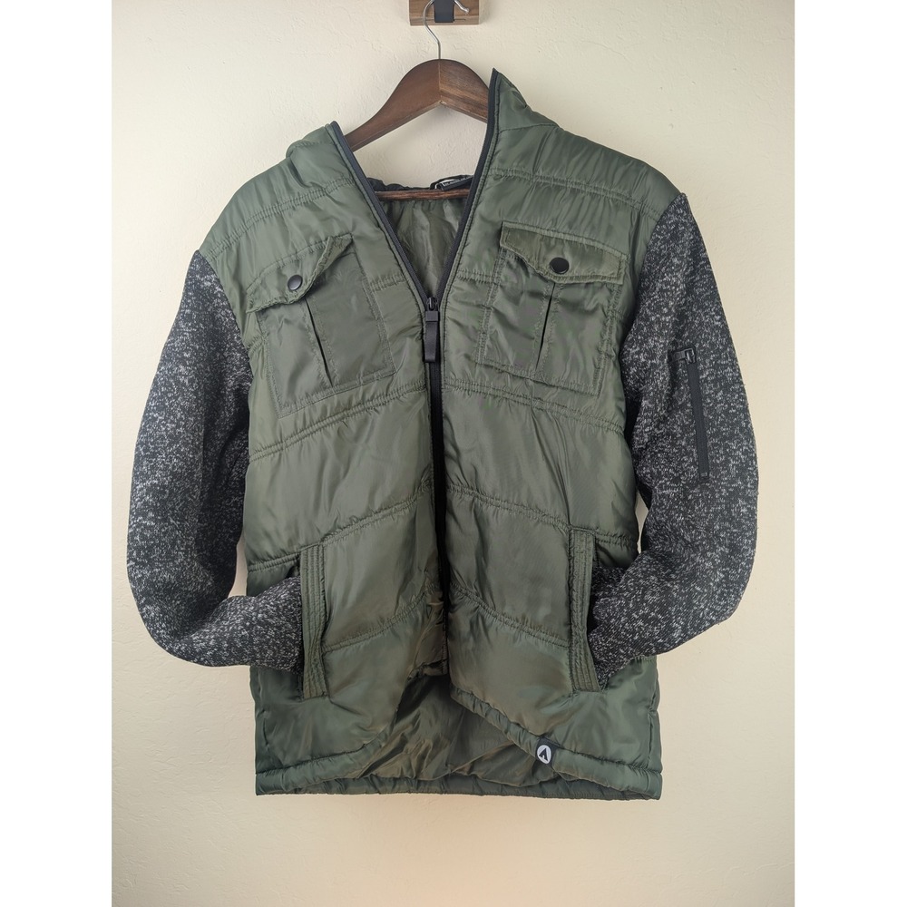 Airwalk Mens Quilted Puffer Jacket Hooded Knit Sleeves Olive Green Grey Large
